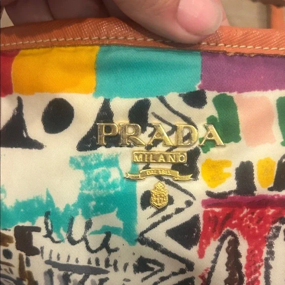 PRADA Venice Print Top Handle Tote Bag nylon Canvas x Leather
